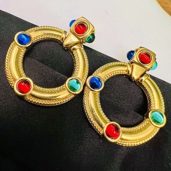 Vintage Mogul Jewels Gripoix Dangle Door Knocker Gold Red Blue Green Earrings - Picture 1 of 10